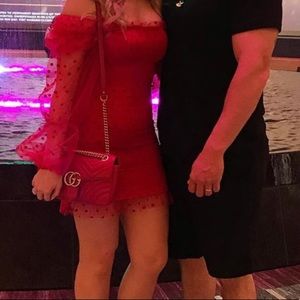 Red dress, can be worn sleeveless or on shoulders